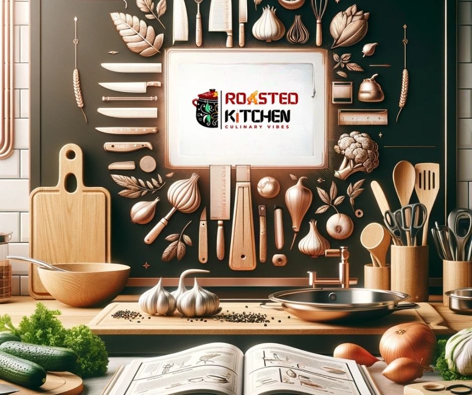 Professional kitchen setup with utensils, books, cutting board, and fresh ingredients in a warm ambiance