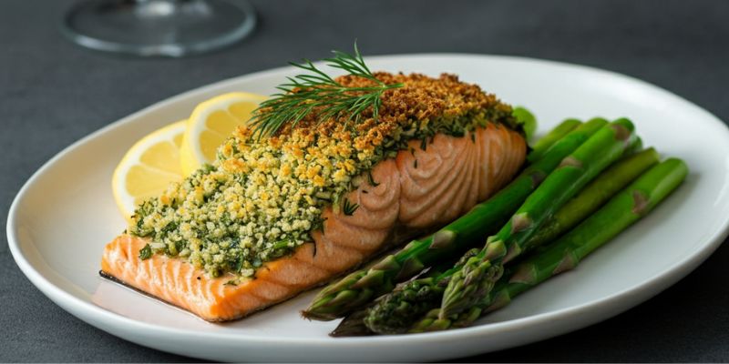 A beautifully plated dill-crusted salmon filet with lemon wedges and a side of asparagus, showcasing the herb’s ability to elevate seafood.