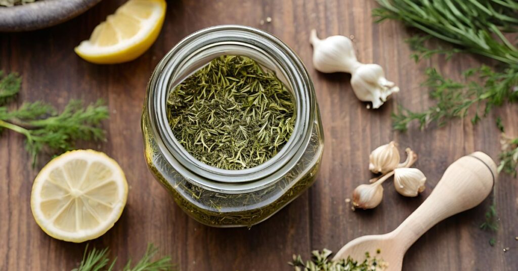 A beautifully styled close-up shot of a jar of dried dill, with some of the herb sprinkled around on a rustic wooden surface.