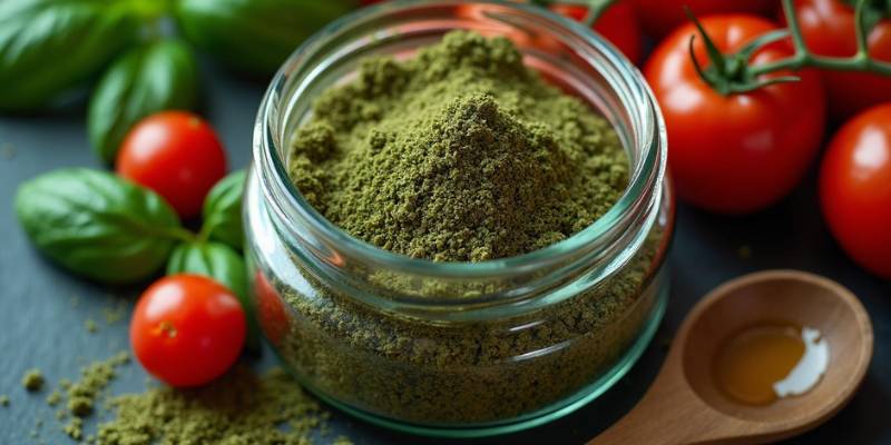 A beautifully styled flat lay of a jar of dried basil surrounded by fresh ingredients like tomatoes, olive oil, garlic, and a wooden spoon, symbolizing its versatility.