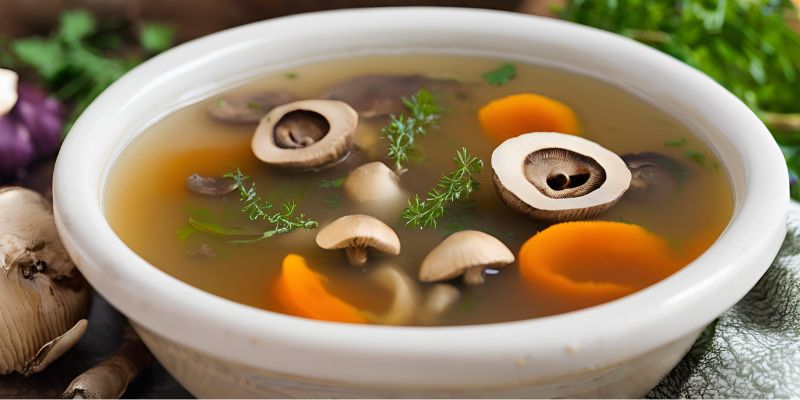 A bowl of homemade mushroom-based broth, filled with fresh vegetables and herbs, showing the versatility of dried mushrooms in soups and stews.
