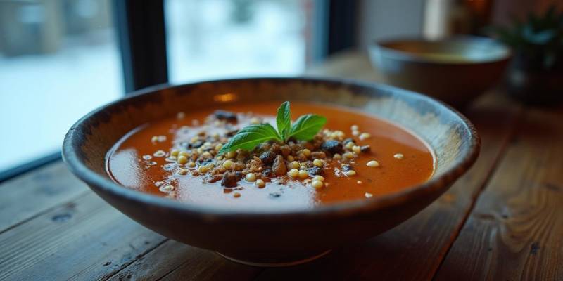 A bowl of immune-boosting soup flavored with cardamom and fresh herbs