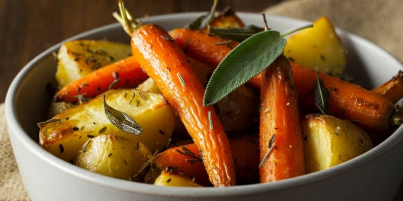 A bowl of roasted vegetables, including carrots and potatoes, seasoned with dried sage and garnished with parsley