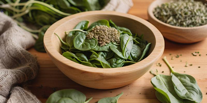 A bowl of spinach next to a teaspoon of dried oregano showcasing its antioxidants