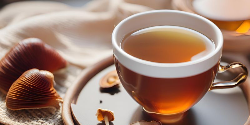 A calming moment with a steaming cup of reishi mushroom tea, surrounded by dried reishi mushrooms, honey, and a cozy environment, highlighting the calming effects