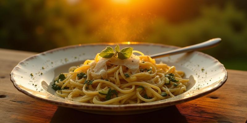 A calming scene of a light pasta dish with dried basil, zucchini, and Parmesan, served on a rustic plate with soft natural lighting.
