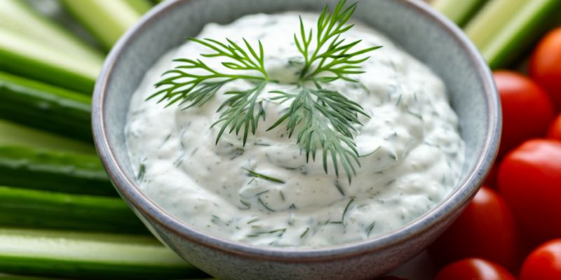 A close-up of a creamy dill dip in a small bowl, surrounded by fresh veggies like carrots, cucumbers, and cherry tomatoes for dipping.