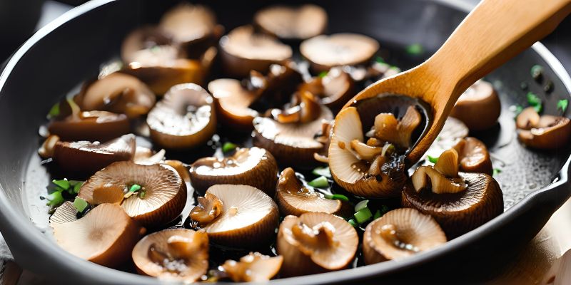 A close-up of shiitake mushrooms being sautéed in a pan with garlic, onions, and a touch of soy sauce, enhancing a savory dish.