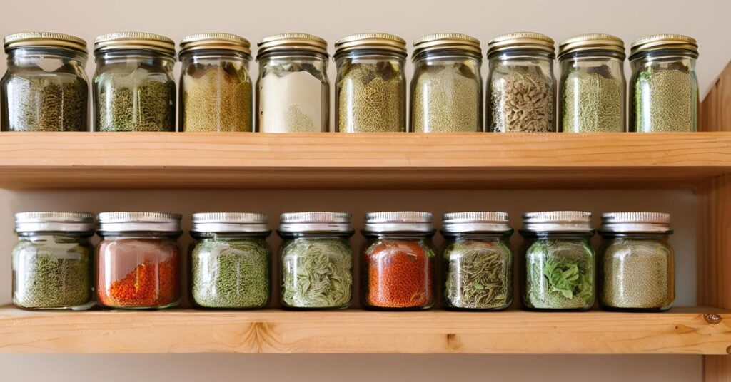 A colorful spice rack filled with jars of dried herbs like basil, oregano, and thyme, arranged neatly on a wooden shelf