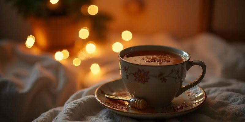 A cozy cup of coriander tea with a spoon of honey and scattered seeds