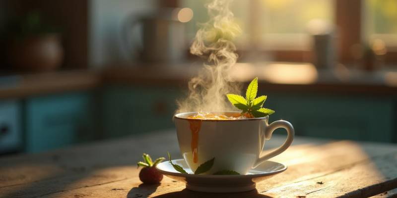 A cozy image of a cup of basil tea with honey, placed on a wooden table with a soft, warm background.