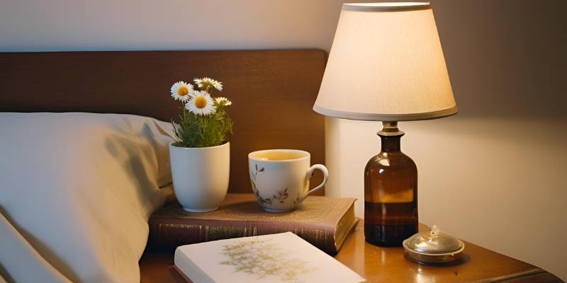 A cozy nighttime setup with a cup of chamomile tea on a bedside table, emphasizing its sleep-inducing properties