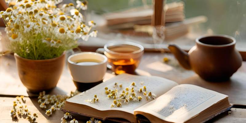 A cozy setup with a cup of chamomile tea, dried chamomile flowers, and a book on a wooden table.