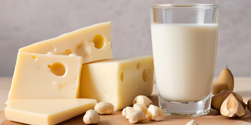 A creative still shot showing a small pile of macadamia nuts next to a sliced block of cheese and a glass of milk