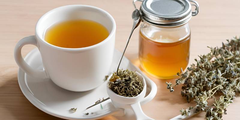 A cup of thyme tea served in a white mug with a jar of honey and a teaspoon on the side