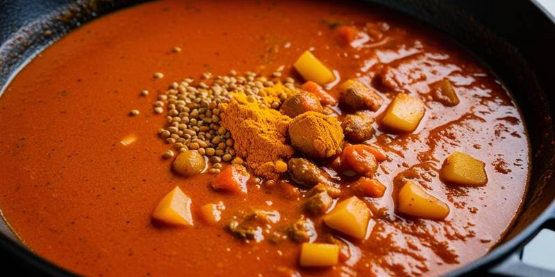 A curry sauce cooking in a pan with visible mustard seeds, turmeric, and ginger pieces in the mix