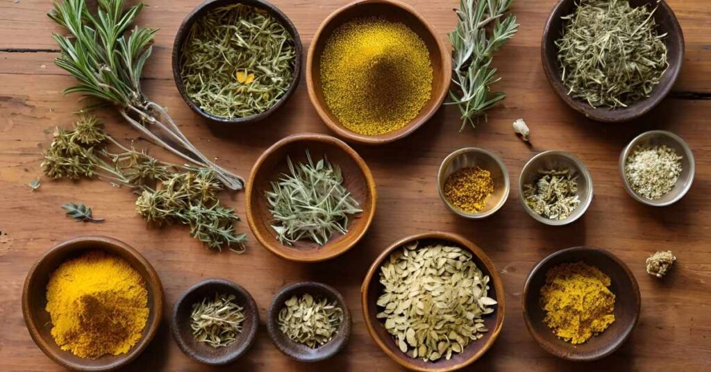 A flat lay of dried herbs, including rosemary, chamomile, and turmeric, displayed on a rustic wooden table with small bowls and spoons.