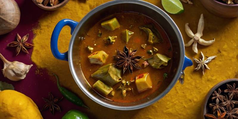 A flavorful curry simmering in a pot with dried star anise clearly visible among the vibrant ingredients