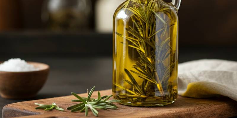 A glass bottle of olive oil infused with dried rosemary sprigs, placed on a wooden cutting board