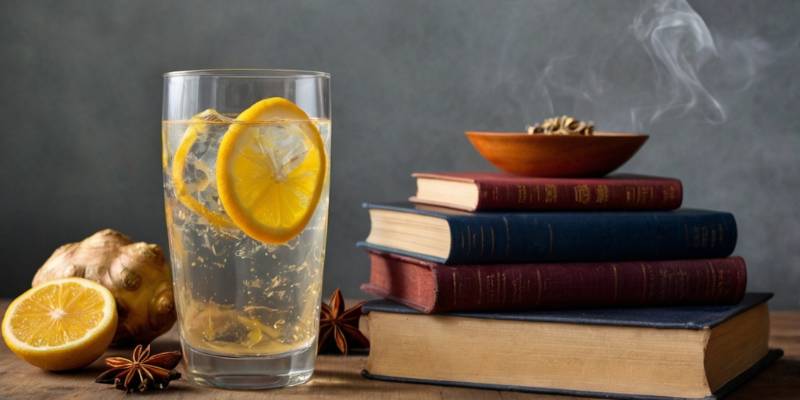 A glass of ginger and star anise tonic with steam rising, served with a pair of relaxing books on the side