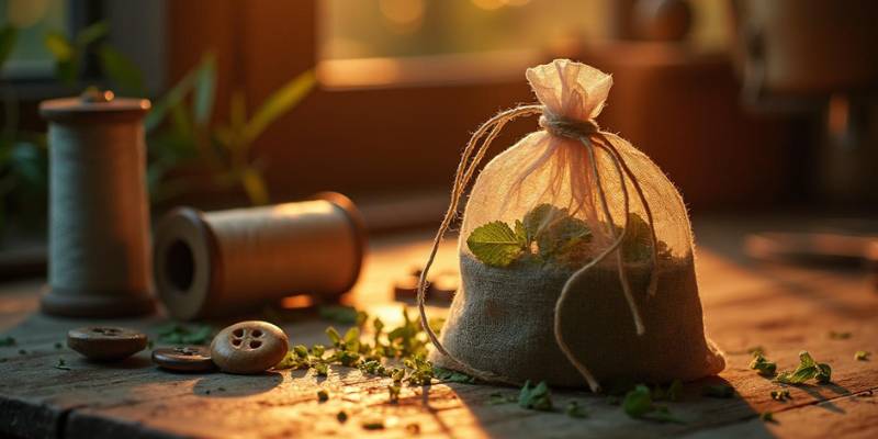 A handmade sachet filled with dried peppermint on a table