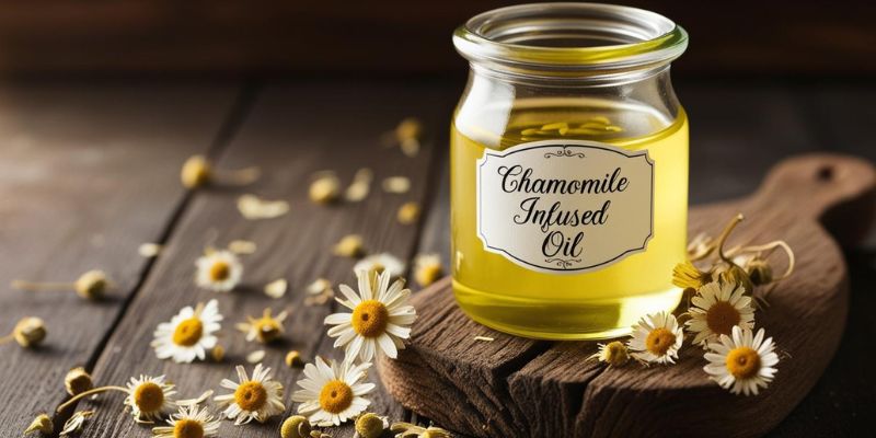 A jar of chamomile-infused oil on a white surface with scattered dried flowers, promoting its skincare benefits