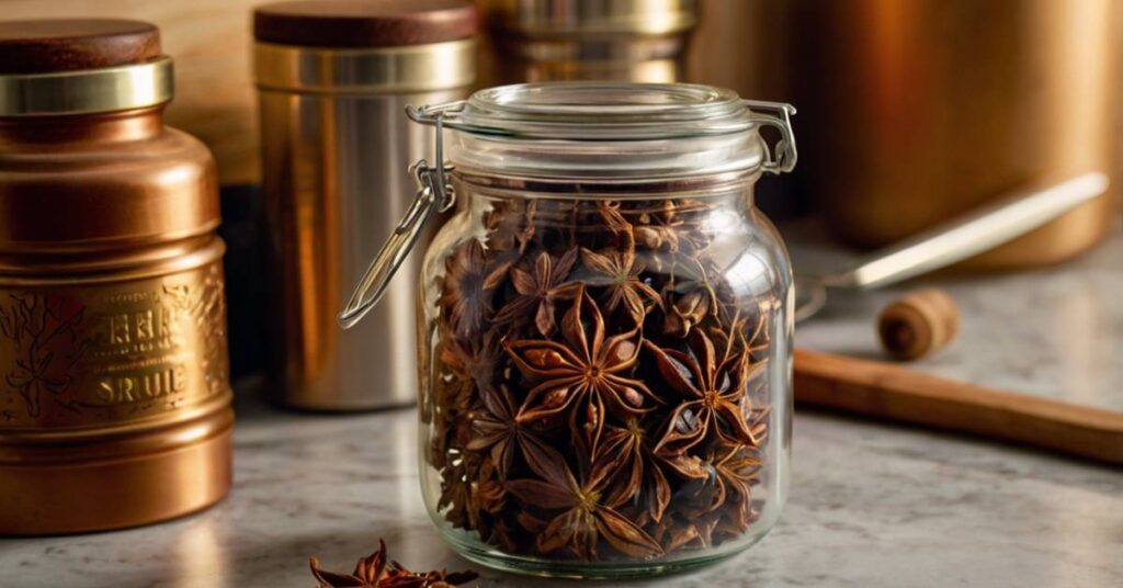 A jar of dried star anise next to measuring spoons and kitchen tools, illustrating its use in cooking
