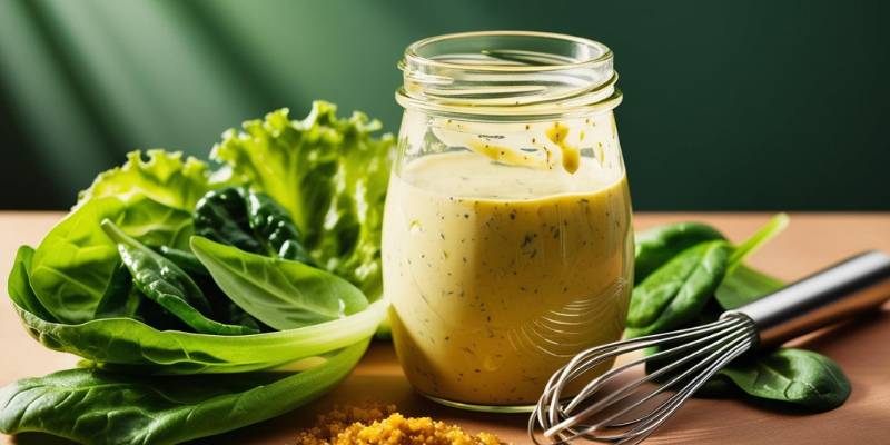 A jar of salad dressing with crushed mustard seeds visible, alongside fresh greens and a whisk