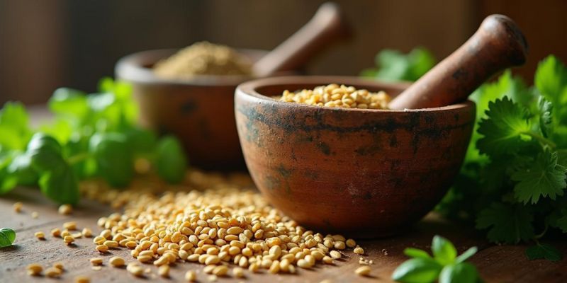 A kitchen counter with coriander seeds, a mortar and pestle, and fresh herbs