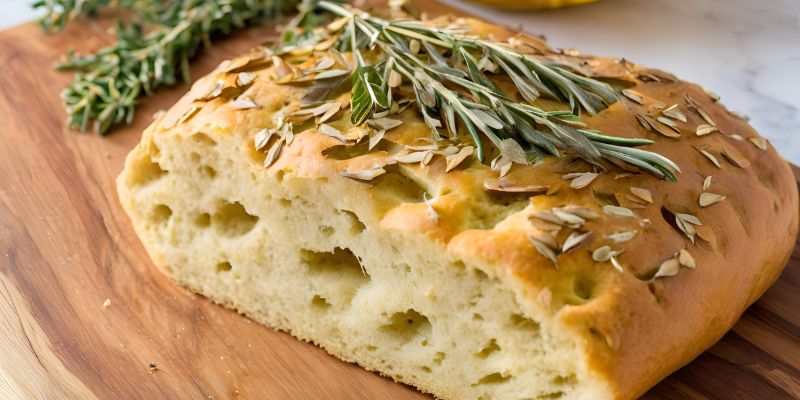 A loaf of golden-brown focaccia with thyme and rosemary baked into the crust, placed on a wooden cutting board