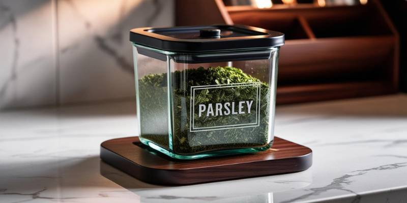 A neatly labeled airtight container filled with dried parsley, stored in a tidy spice rack for freshness