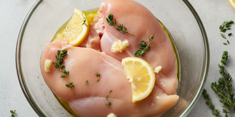 A raw chicken breast or steak marinating in a bowl with olive oil, garlic, lemon slices, and thyme, ready to be cooked