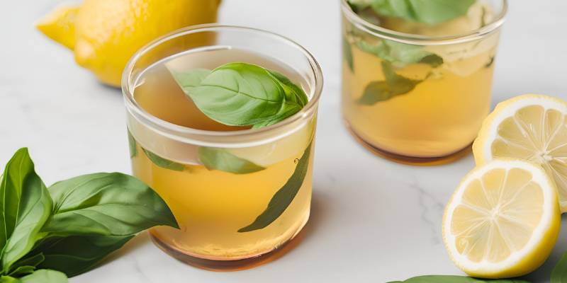 A refreshing image of a glass of basil detox tea with lemon slices, placed on a clean, minimalistic background.