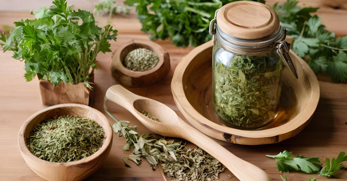 A rustic kitchen table with a jar of dried parsley, surrounded by other herbs and a wooden spoon, perfect for cooking inspiration
