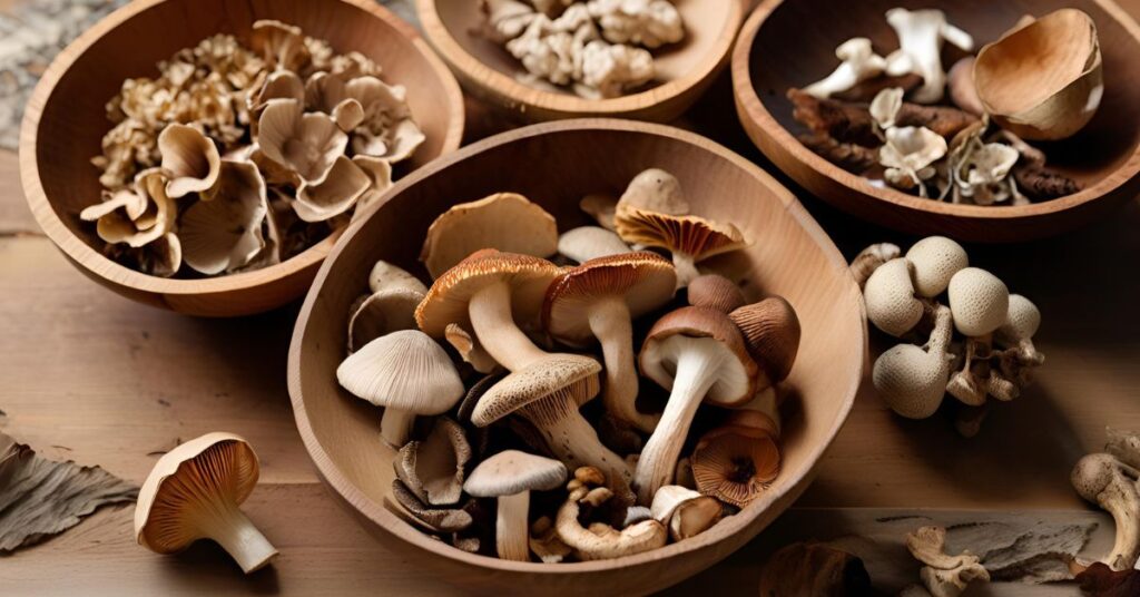 A selection of assorted dried mushrooms (shiitake, porcini, maitake) arranged in wooden bowls on a rustic background, showcasing the texture and earthy tones of the fungi.