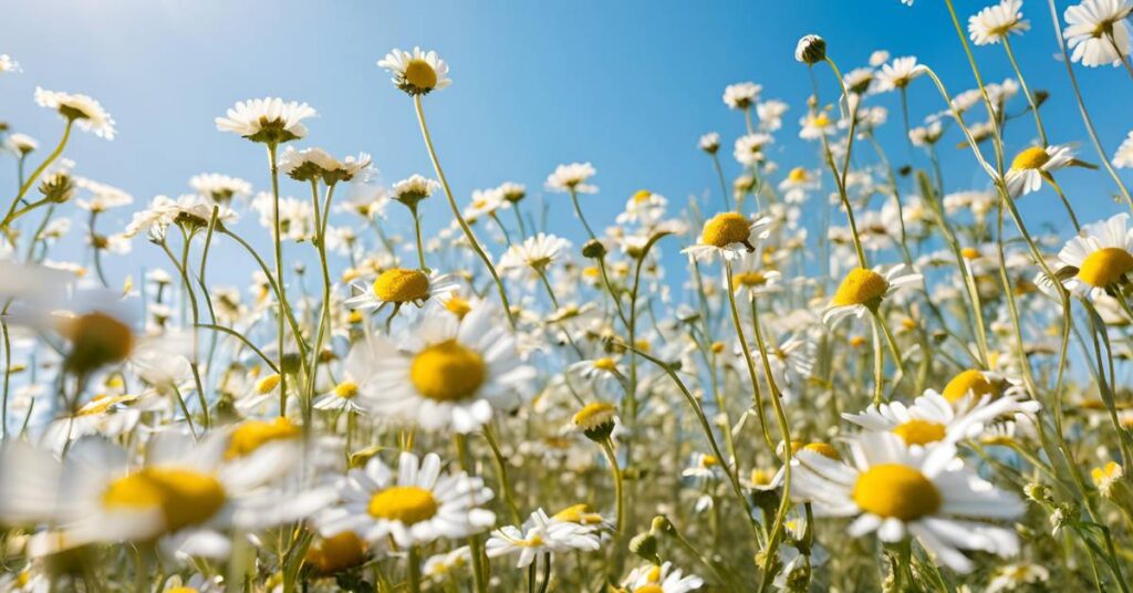 A serene chamomile field with blooming white and yellow flowers under a clear blue sky, symbolizing the natural origins of dried chamomile.