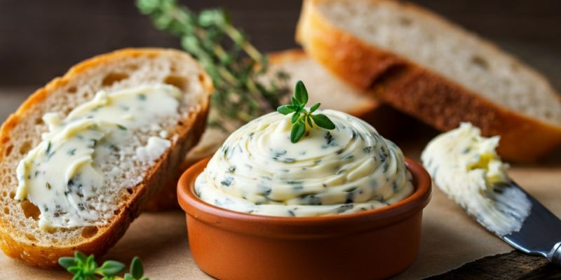 A small dish of herb butter with visible thyme flecks, surrounded by a knife, crusty bread slices, and a sprig of thyme for garnish