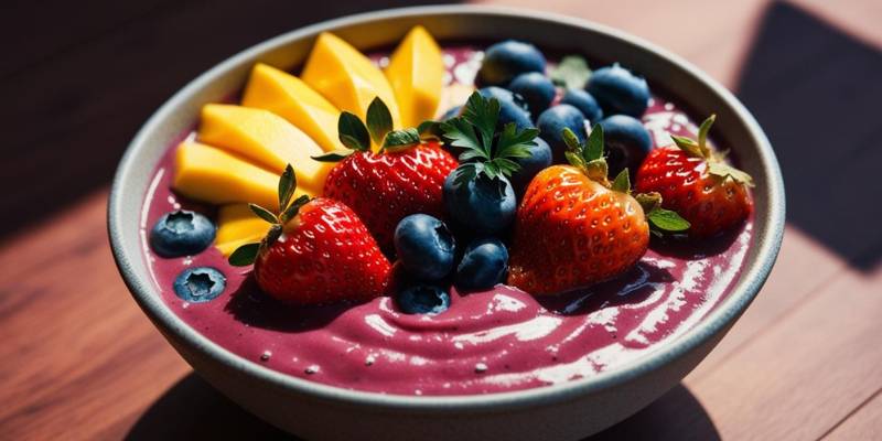A smoothie bowl with colorful fruits and a pinch of dried parsley as a garnish, blending health and taste