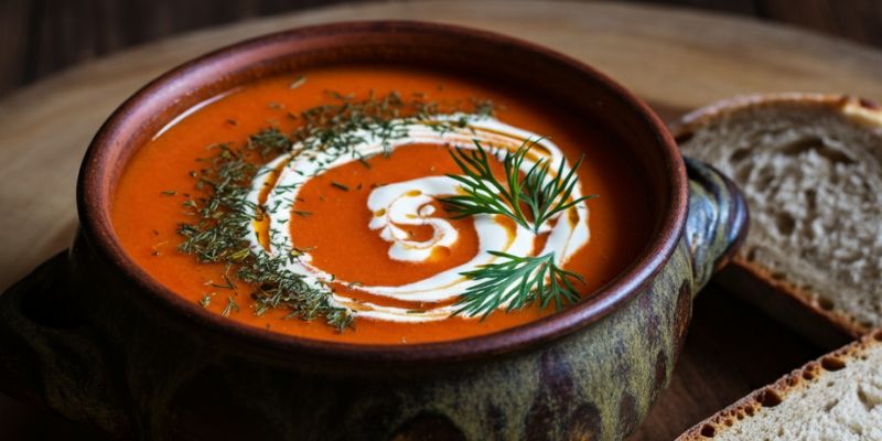 A steaming bowl of creamy tomato soup with a sprinkle of dried dill on top, garnished with a dollop of cream and a slice of crusty bread on the side