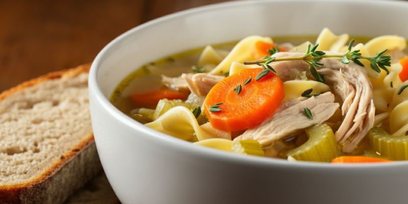 A steaming bowl of hearty chicken noodle soup with visible thyme leaves sprinkled on top, paired with a rustic bread slice on the side.