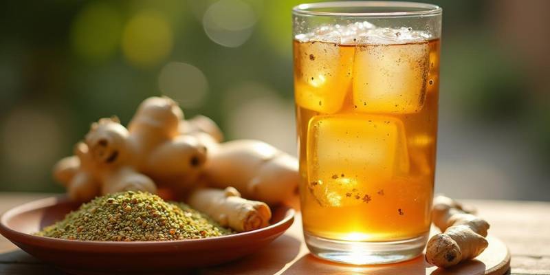 A steaming glass of herbal tea infused with cardamom, ginger, and fennel seeds for digestive health.