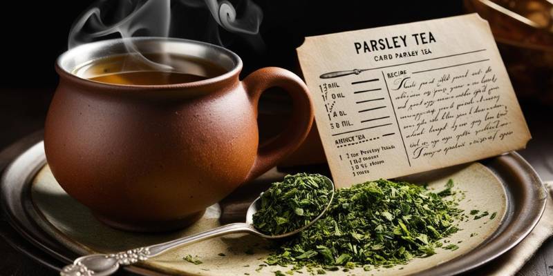 A tea mug alongside a teaspoon of dried parsley and a recipe card for making parsley tea