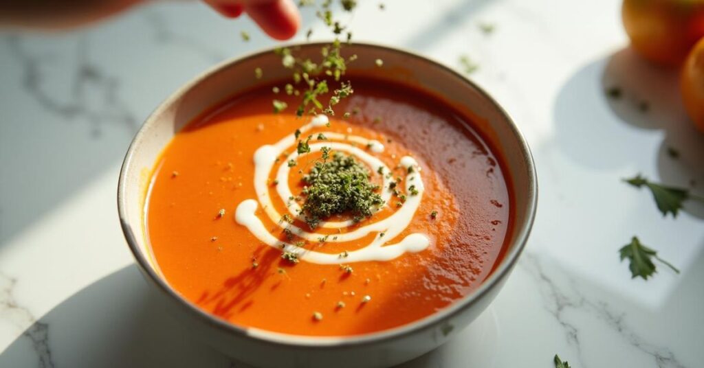 A vibrant, close-up shot of dried basil being sprinkled over a steaming bowl of tomato soup or pasta, with warm, inviting lighting.