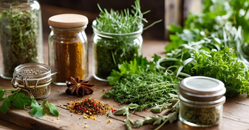 A vibrant flatlay of various fresh herbs with parsley in the spotlight, alongside jars filled with dried spices.