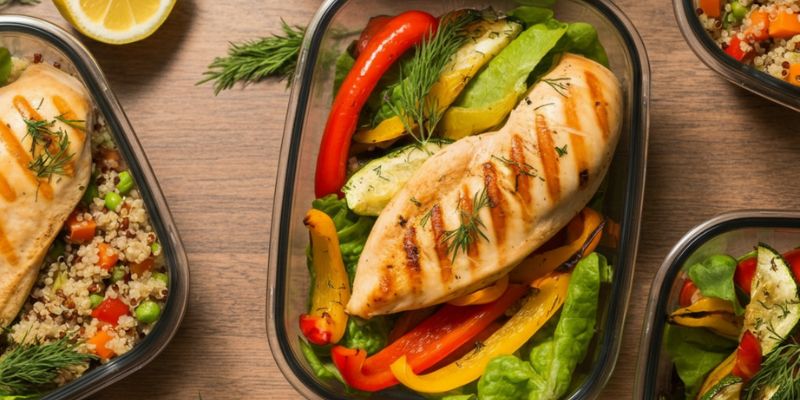 A vibrant, healthy meal prep spread featuring dishes like quinoa salad, roasted veggies, and grilled chicken, all garnished with dried dill