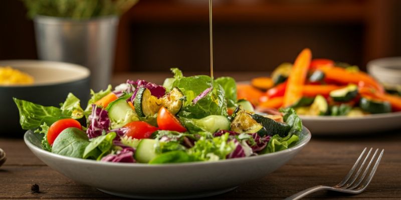 A vibrant image of a hand drizzling thyme-infused oil over a fresh salad or roasted vegetables, with a blurred background of a cozy kitchen setting