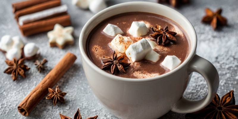 A warm winter hot cocoa cup infused with dried star anise and surrounded by seasonal treats like marshmallows.