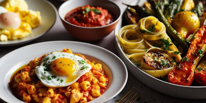 An assortment of dishes, including scrambled eggs, pasta, and roasted veggies topped with dried parsley