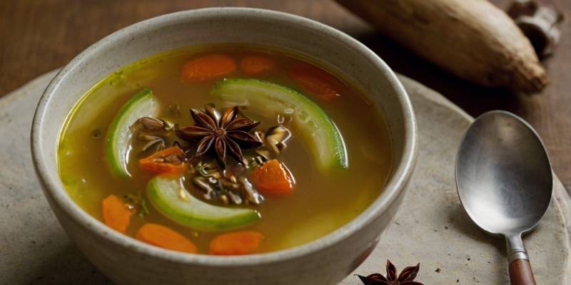 An image of light, fresh vegetable soup with a visible star anise pod as garnish