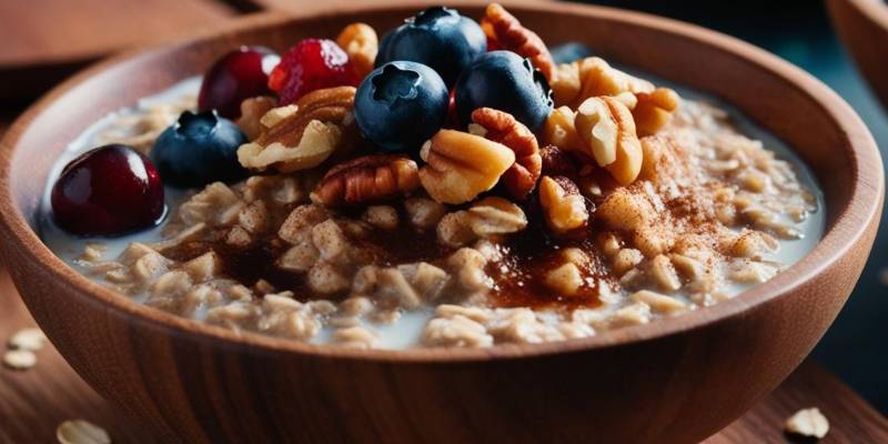 Bowl of cinnamon spice overnight oats garnished with fresh berries and nuts, ideal for blood sugar control.